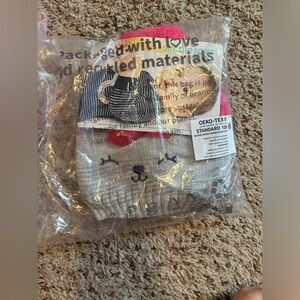 Gray and Pink Knit Beanie with Cat Design with two pairs of mittens